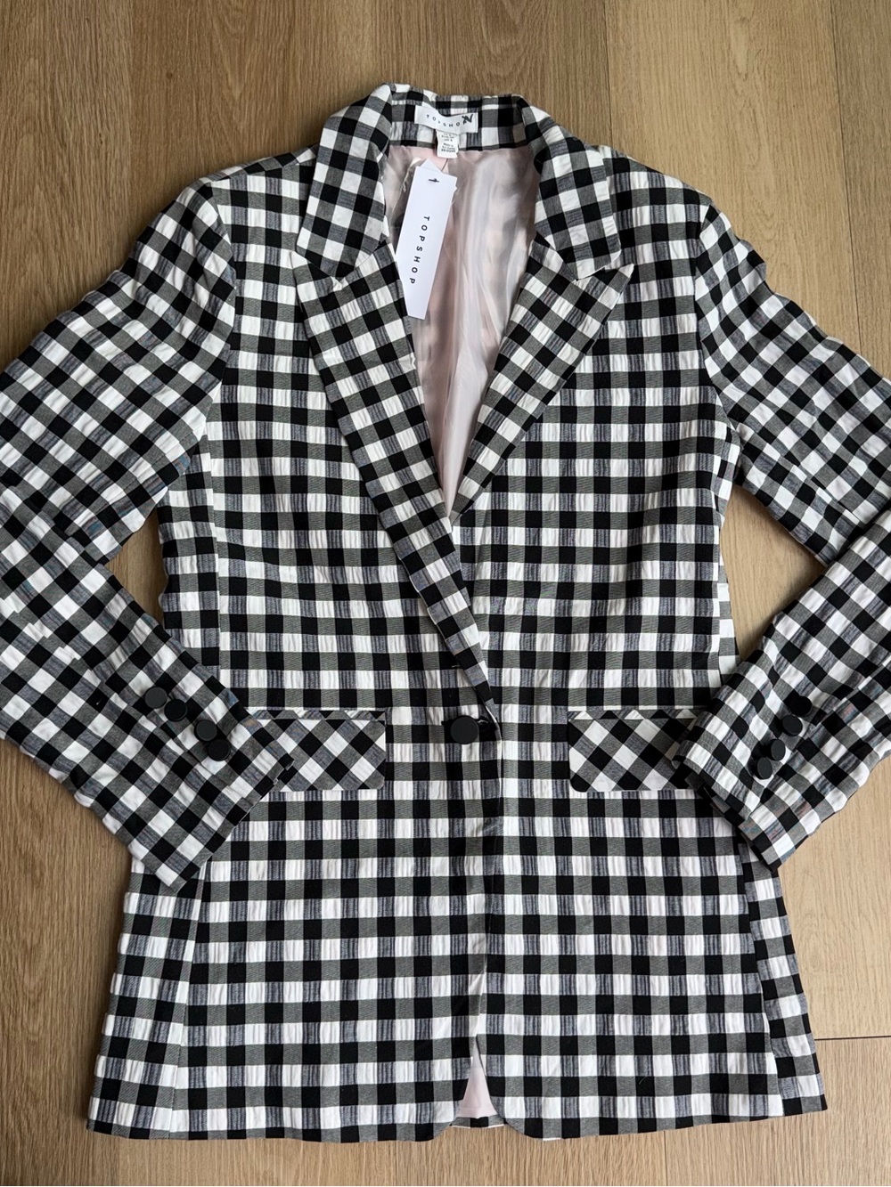 Topshop Black White Gingham Lined Button Blazer Jacket Women’s Size 4